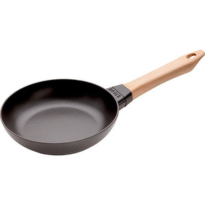 8" Cast Iron Fry Pan w/ Wooden Handle Matte Black
