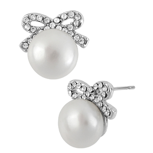 Silver-Tone Crystal Stone Pearl Stud Earrings