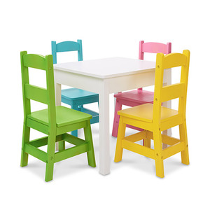 5pc Wooden Table & Chairs Set - White Table Pastel Chairs