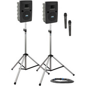 LIB-DP2-HH Liberty Deluxe Package 2 Portable Bluetooth PA System with Two Handheld Wireless Microphone Transmitters, Unpowered Companion Speaker, and Speaker Stands (1.9 GHz)
