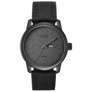 Mens Black Canvas Strap Eco-Drive Watch Black Dial