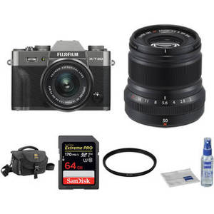 X-T30 Mirrorless Digital Camera with 15-45mm and 50mm f/2 Lenses and Accessories Kit (Charcoal Silver/Black)
