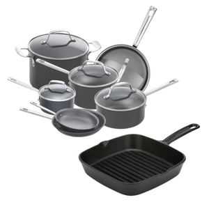 Non-Stick Hard Anodized 12-Piece Cookware Set plus Cast Iron 10" Square Grill Pan Package