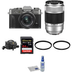 X-T30 Mirrorless Digital Camera with 15-45mm and 50-230mm Lenses and Accessories Kit (Charcoal Silver/Silver)