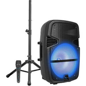 PB15FM LED Package Rechargeable LED 15" Active Wireless Loudspeaker Package with Tripod, Microphone, and Cable