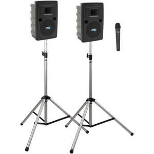 LIB-DP1-AIR-H Liberty Deluxe AIR Package 1 Portable Bluetooth PA System with AIR Transmitter, Wireless Handheld Microphone Transmitter, Wireless Companion Speaker, and Speaker Stands (1.9 GHz)