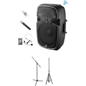 PPHP109WMU 10" 2-Way Bluetooth PA Loudspeaker Kit with Wireless Mics and Stands
