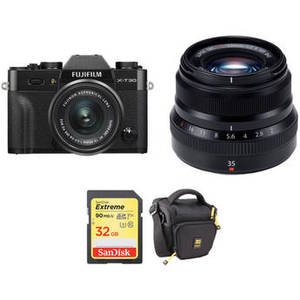 X-T30 Mirrorless Digital Camera with 15-45mm and 35mm f/2 Lenses and Accessories Kit (Black)