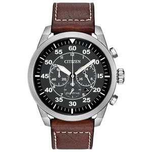 Mens Avion Eco-Drive Brown Strap Watch Black Dial