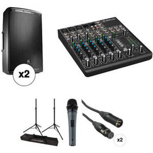 Dual EON615 Powered Speaker Large Kit with Stands, Bag, Mixer, Microphone, and Cables
