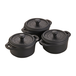 3pc Ceramic Mini Round Cocotte Set Matte Black