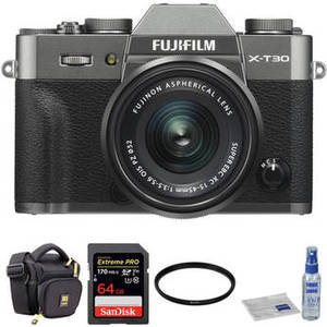 X-T30 Mirrorless Digital Camera with 15-45mm Lens and Accessories Kit (Charcoal Silver)