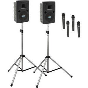 LIB-DP4-AIR-HHHH Liberty Deluxe AIR Package 4 Portable Bluetooth PA System with AIR Transmitter, Four Wireless Handheld Microphone Transmitters, Wireless Companion Speaker, and Speaker Stands (1.9 GHz)